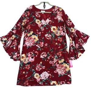 Everly Red Floral Shift Dress Bell Sleeves Lined Boho Chic Women's Large NWT